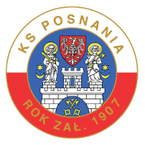 Logotyp Posnanii - w środku na niebieskim tle wizerunke patronów Poznania, św. Piotra i św. Pawła ze swoimi atrybutami stojących na budynku średniowiecznym, a nad nimi herb Wielkopolski. Wokół obramowanie w kolorze białym i czerwonym - na górze napis KS Posnania, a na dole "Rok" "Zał. 1907"