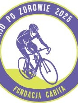 Logotyp Rajdu po zdrowie - we flotetowym kole z nazwą rajdu i organizatora wpisana jest fioletowa sylwetka kolarza po zielonej trawie