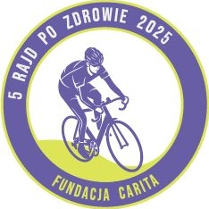 Logotyp Rajdu po zdrowie - we flotetowym kole z nazwą rajdu i organizatora wpisana jest fioletowa sylwetka kolarza po zielonej trawie