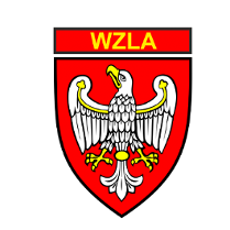 Logotyp Wielkopolskiego Związku Lekkiej Atletyki - biały orzeł ze złotym dziobem i szponami na czerwonym tle ze złotym napisem na górze WZLA