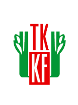 Logotyp WTKKF - w środku napisy czerwone i białe TKKF na biało-czerwonym tle, a z boku zielone symbole liści