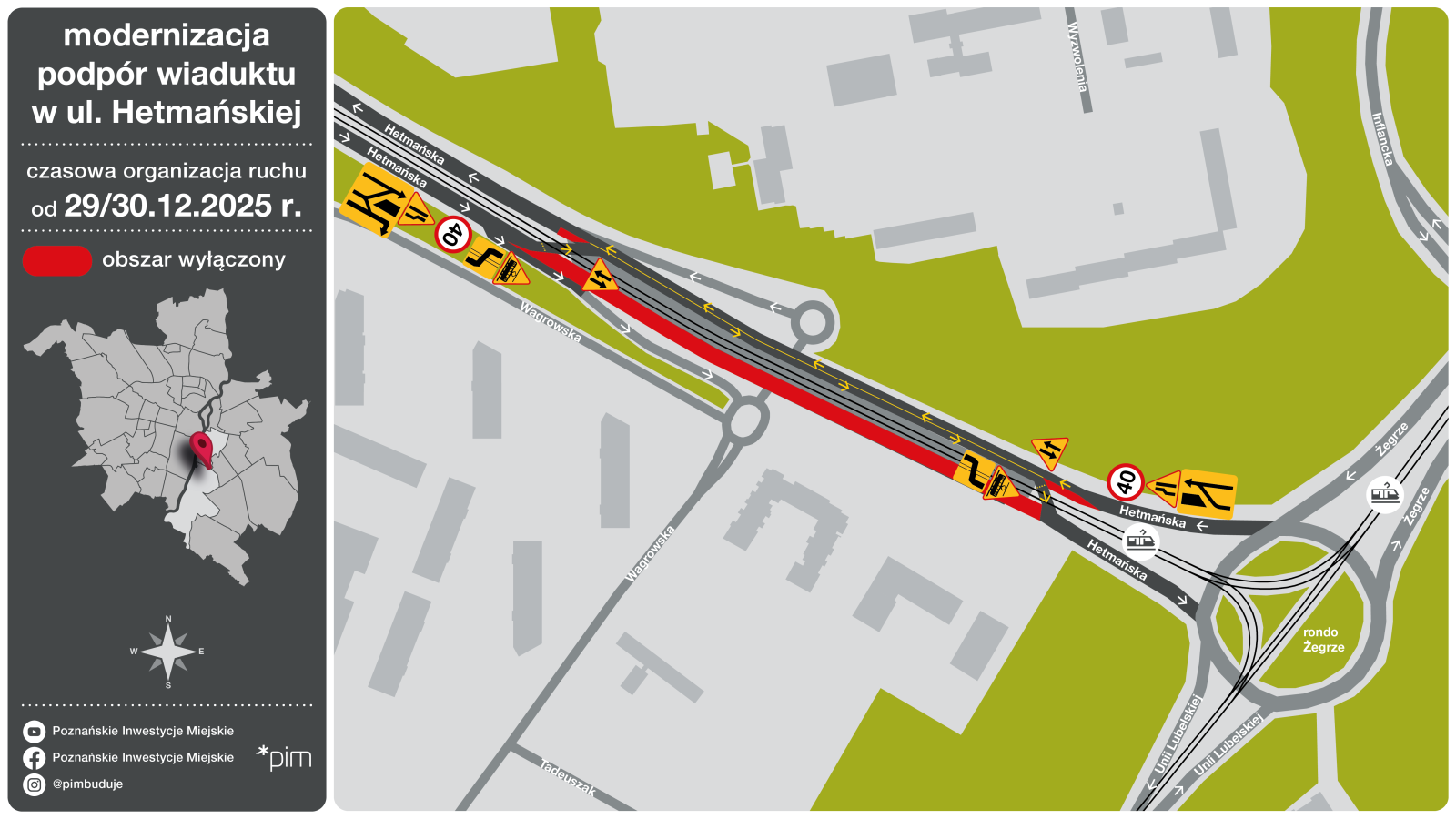 Mapa i infografika przedstawiające czasową organizację ruchu w Poznaniu, związaną z modernizacją podpór wiaduktu w ciągu ulicy Hetmańskiej.