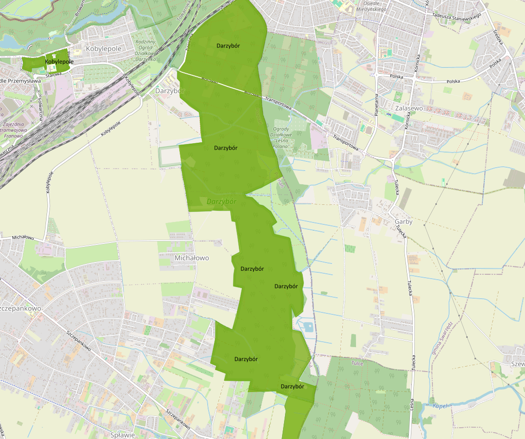 Granice użytku ekologicznego Darzybór, fot. mapa miejska ZGiKM GEOPOZ mapa przedstawiająca granice użytku ekologicznego Darzybór,