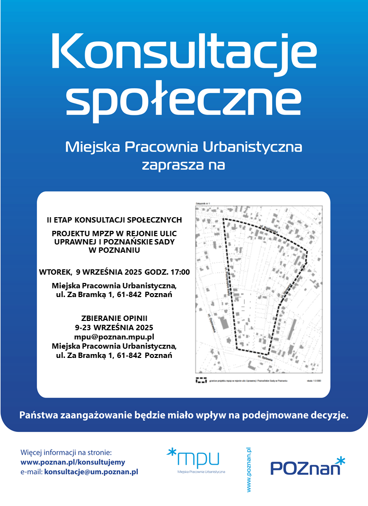 grafika informująca o II etapie konsultacji społecznych Mapa z konturami ulic i budynków z wyrysowanymi działkami wchodzącymi w granice mpzp.