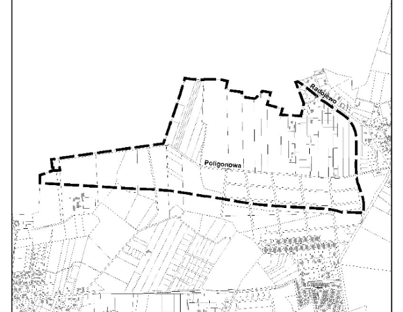 Mapa z konturami ulic i budynków z wyrysowanymi działkami wchodzącymi w granice mpzp