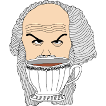 Grafika starszego mężczyzny z wyraźnie zarysowanymi brwiami z kubkiem kawy.