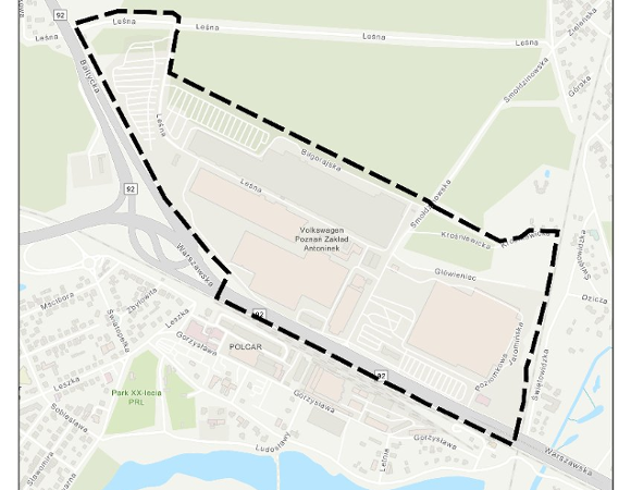 Grafika planu " Strefa przemysłowa w rejonie ulic Bałtyckiej i Warszawskiej" w Poznaniu Na białym tle przedstawiono mapę z konturami ulic i budynków