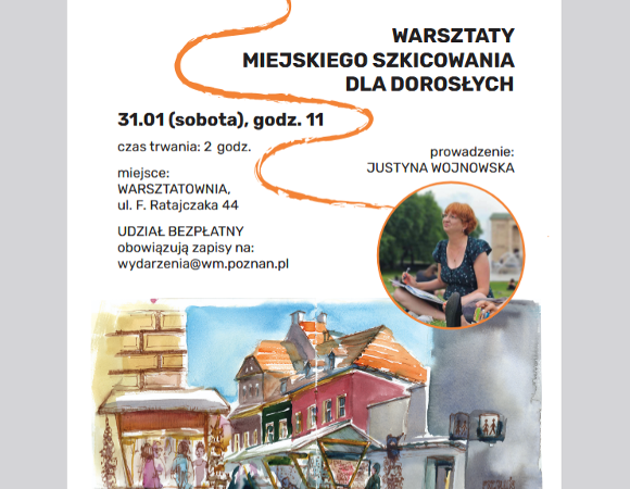 na białym tle w dolnej części widoczne kolorowe rysunki miejskich zabudowań, w górnej części informacje o wydarzeniu