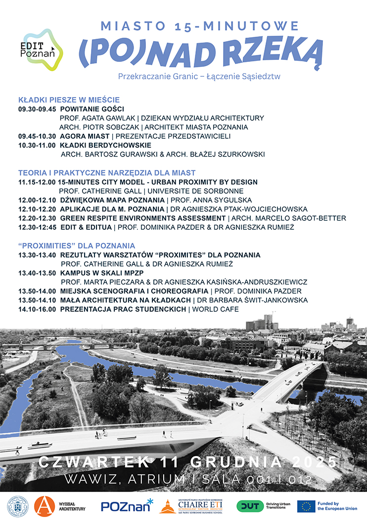 Na plakacie rozpisane zostały tytuły wystąpień trzech bloków tematycznych. W dolnej części plakatu znajduje się grafika przedstawiająca Kampus Politechniki wraz z rzeką Wartą. Na dolnej belce przedstawione zostały loga sponsorów.