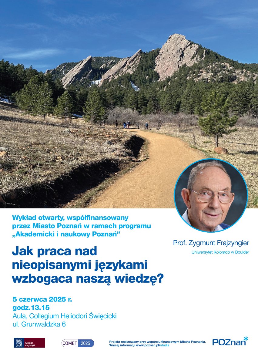 Prof. Zygmunt Frajzyngier na tle ścieżki w górach zdjęcie męzczyzny oraz informacje o wykładzie które zawarte są również w treści informacji o wykładzie