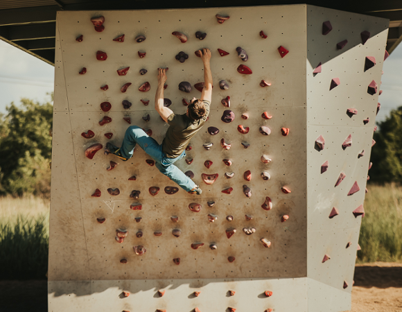 Na zdjeciu mężczyzna na ściance wspinaczkowej