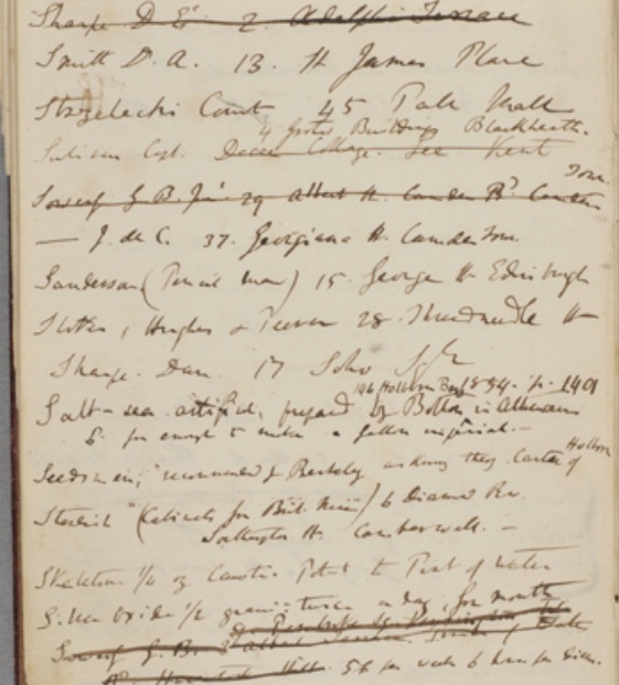 Na zdjęciu strona z książki adresowej Darwina z notatką o P.E. Strzeleckim.