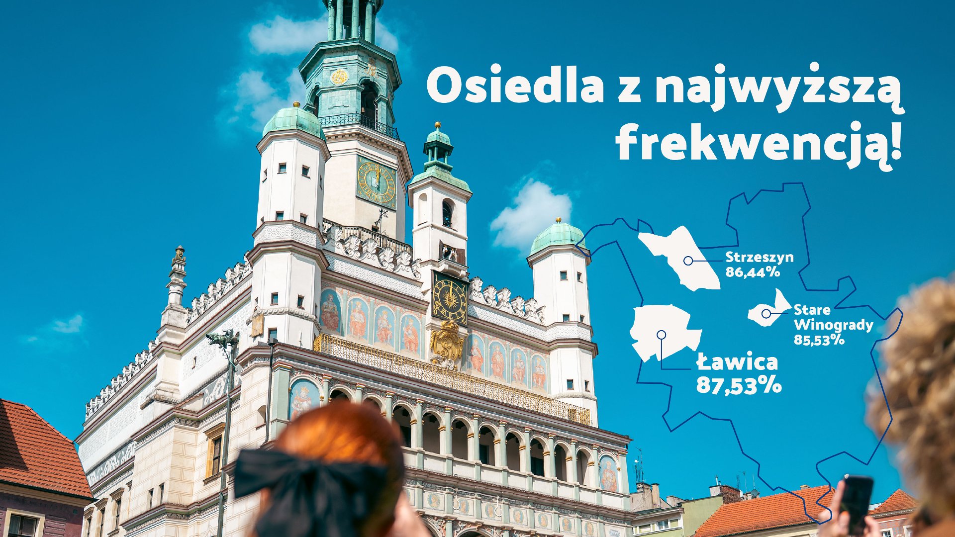 W II turze wyborów w Poznaniu najliczniej do urn poszli mieszkańcy Ławicy, Strzeszyna i Starych Winograd Na zdjęciu widać poznański ratusz z wyrysowanymi konturami granic miasta.