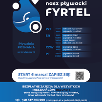 Plakat przedstawia listę zajęć proponowanych w ramach projektu Nasz Pływacki Fyrtel odbywających się na basenie Posnania. Harmonogram zajęć znajduje się w treści artykułu.