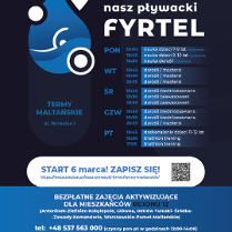 Plakat przedstawia listę zajęć proponowanych w ramach projektu Nasz Pływacki Fyrtel odbywających się na basenie Termy Maltańskie.