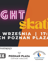 Plakat Nightskating, tło podzielone na dwa kolory: czarny i pomarańczowy, napis night nawiązuje do estetyki neonów. Po bokach kolorowe wijące się linie. Szczegółowe informacje z plakatu są powtrórzone w treści artykułu.