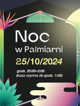 Na ciemnym tle kolorowa grafika z egzotycznymi roślinami i księżycem w pełni w tle.