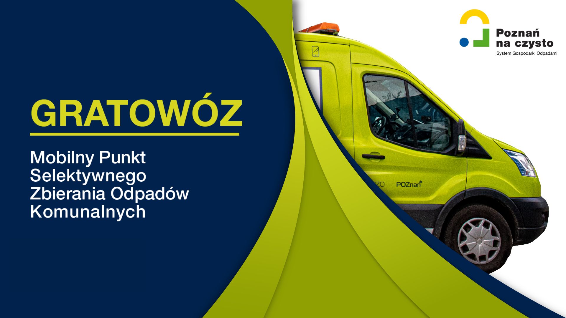 Obraz przedstawia napis "gratowóz" na granatowym tle oraz fragment zdjęcia jaskrawozielonego samochodu dostawczego