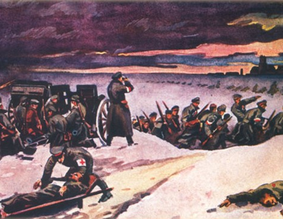 Obraz przedstawia widok na powstańców szturmujących lotnisko Ławica.