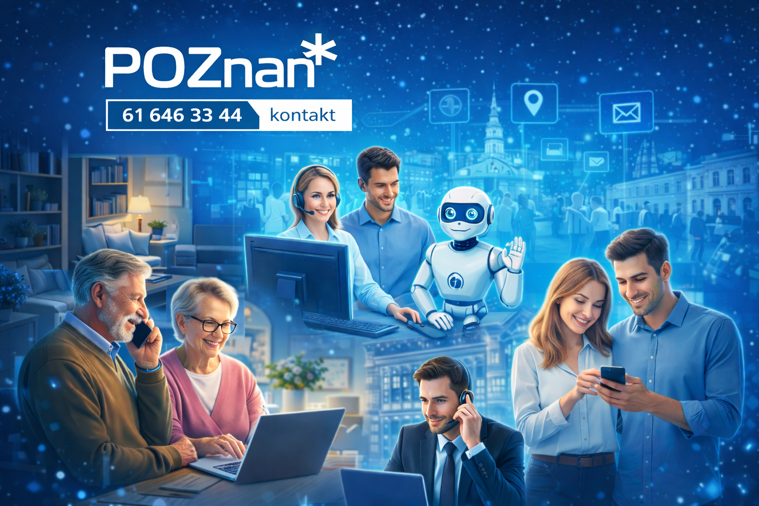 Obraz w żywych kolorach przedstawia 10 jak w ostatnich latach zmieniała się infolinia, od telefonów analogowych do voicebotów, na obrazku widoczni są również szczęśliwi mieszkańcy.