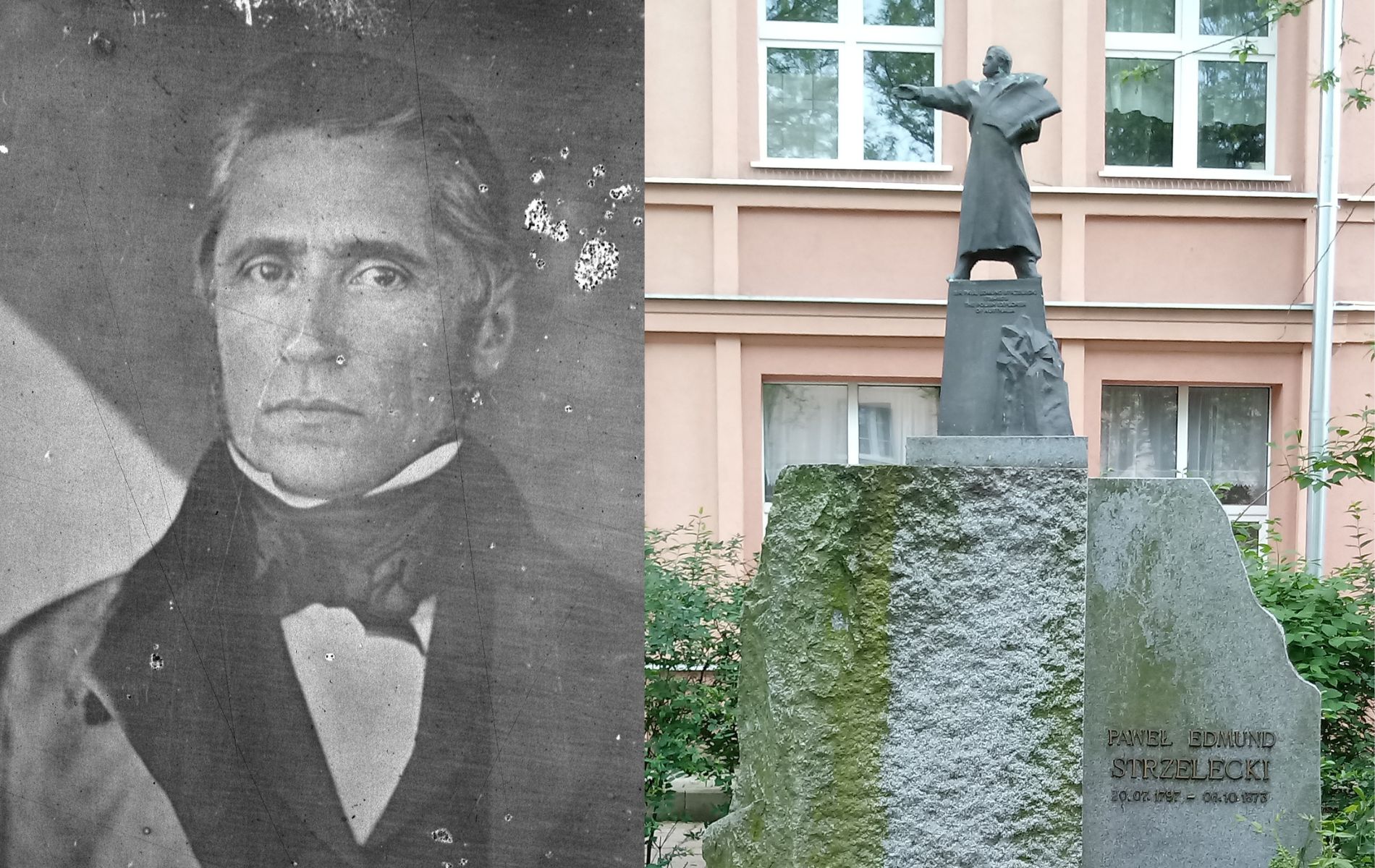 Po lewej stronie czarno-białe zdjęcie portretowe Pawła Edmunda Strzeleckiego. Po prawej zdjęcie pomnika Pawła Edmunda Strzeleckiego - na dużym głazie kamienna wyprostowana postać mężczyzny w długim płaszczu, z prawą ręką wyprostowaną skierowaną przed siebie - grafika artykułu