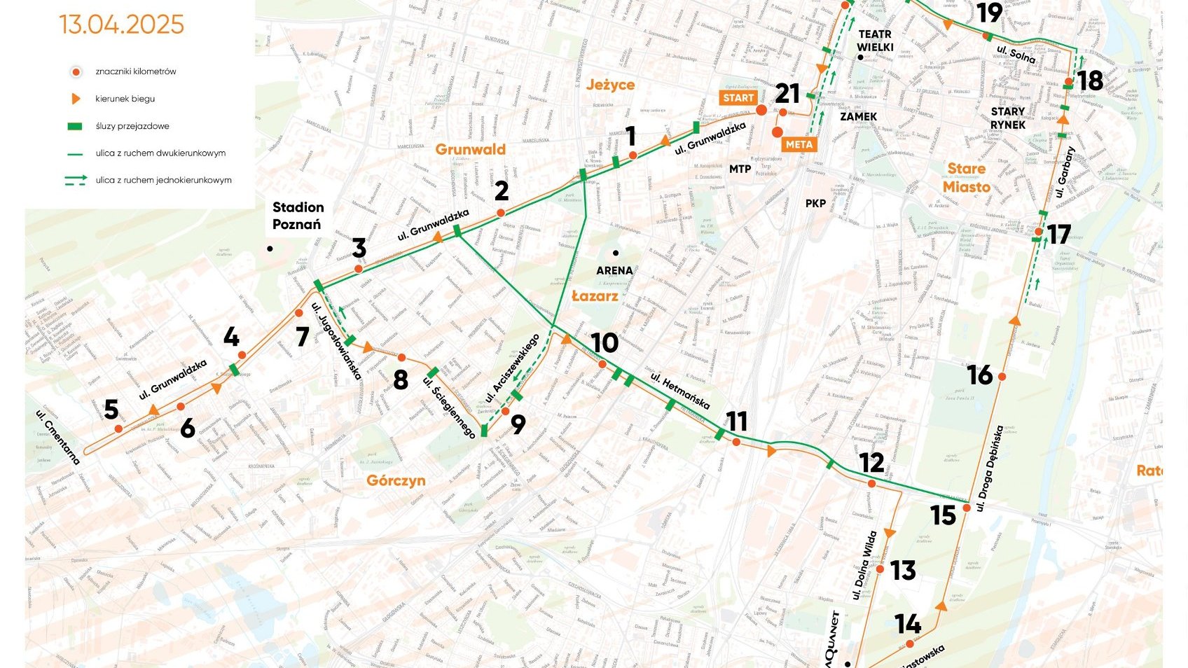 Mapa utrudnień w ruchu podczas 17.PKO Poznań Półmaratonu = mapa miasta z pokazanymi utrudnieniami