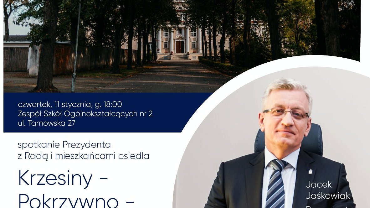 Zdjęcie przedstawia grafikę ze zdjęciem Jacka Jaśkowiaka, prezydetna Poznania i najważniejszymi informacjami dotyczącymi spotkania z mieszkańcami osiedla Krzesiny-Pokrzywno-Garaszewo.