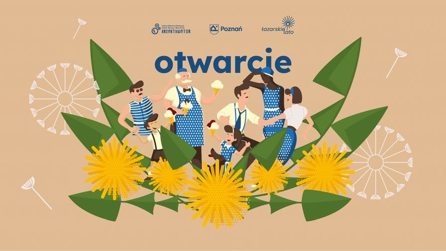 Plakat - grafika z napisem Otwarcie, nad rysunkowymi postaciami.