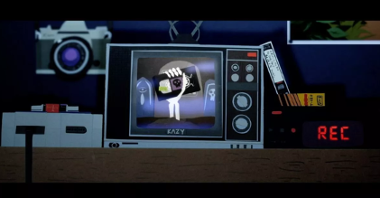 Staroświecki telewizor, w którym wyświetla się film. W filmie - ręka szkieletu, zaciskająca się na kasecie video. Obrazek ciemny, kształty geometryczne.