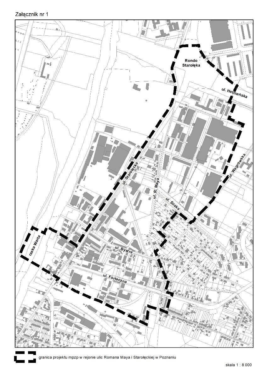 granice planu projektu miejscowego planu zagospodarowania przestrzennego w rejonie ulic Romana Maya i Starołęckiej w Poznaniu - grafika artykułu
