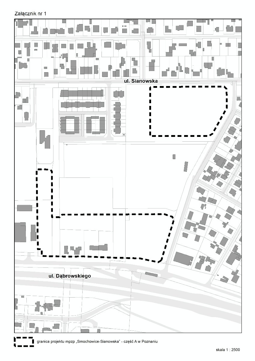 Grafika przedstawia granicę miejscowego planu zagospodarowania przestrzennego "Smochowice-Sianowska" - część A - grafika artykułu