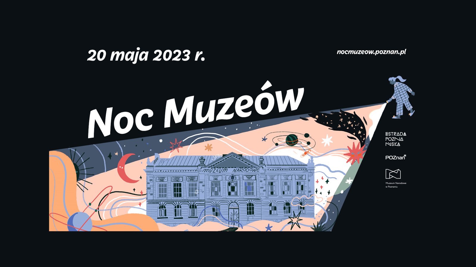 Budynek Muzeum Narodowego na czarnym tle oświetlony światłem latarki trzymanej przez małą dziewczynkę - grafika artykułu