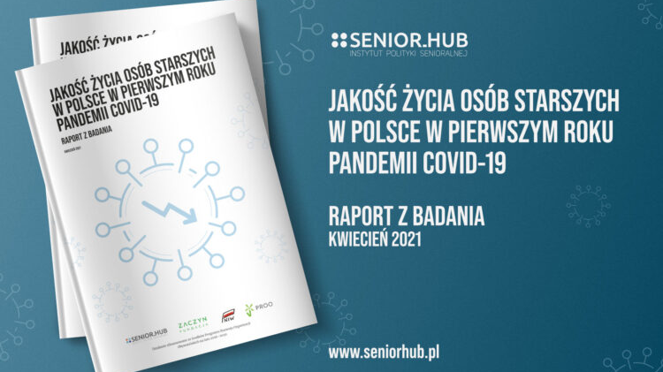 Grafika projektu Senior.Hub dotyczącego badania jakości życia seniorów w pandemii Covid-19. Z prawej strony na turkusowym tle zdjęcie dwóch ankiet badawczych, z prawej strony biały napis przedstawiający program. - grafika artykułu