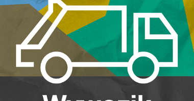 Białe logo ciężarówki na kolorowym tle, napis Wywozik aplikacja.