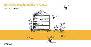 Grafika przedstawia rysunek ula i pszczół oraz informacje o festynie.