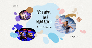 Plakat festiwalu: w plamach koloru zdjęcia z poprzedniej edycji, w środku najważniejsze informacje o wydarzeniu