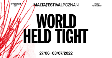Plakat festiwalu: na białym tle czarny napis: World Held Tight