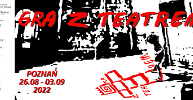 Czarno biały plakat z czerwonym napisem "Gra z Teatrem".