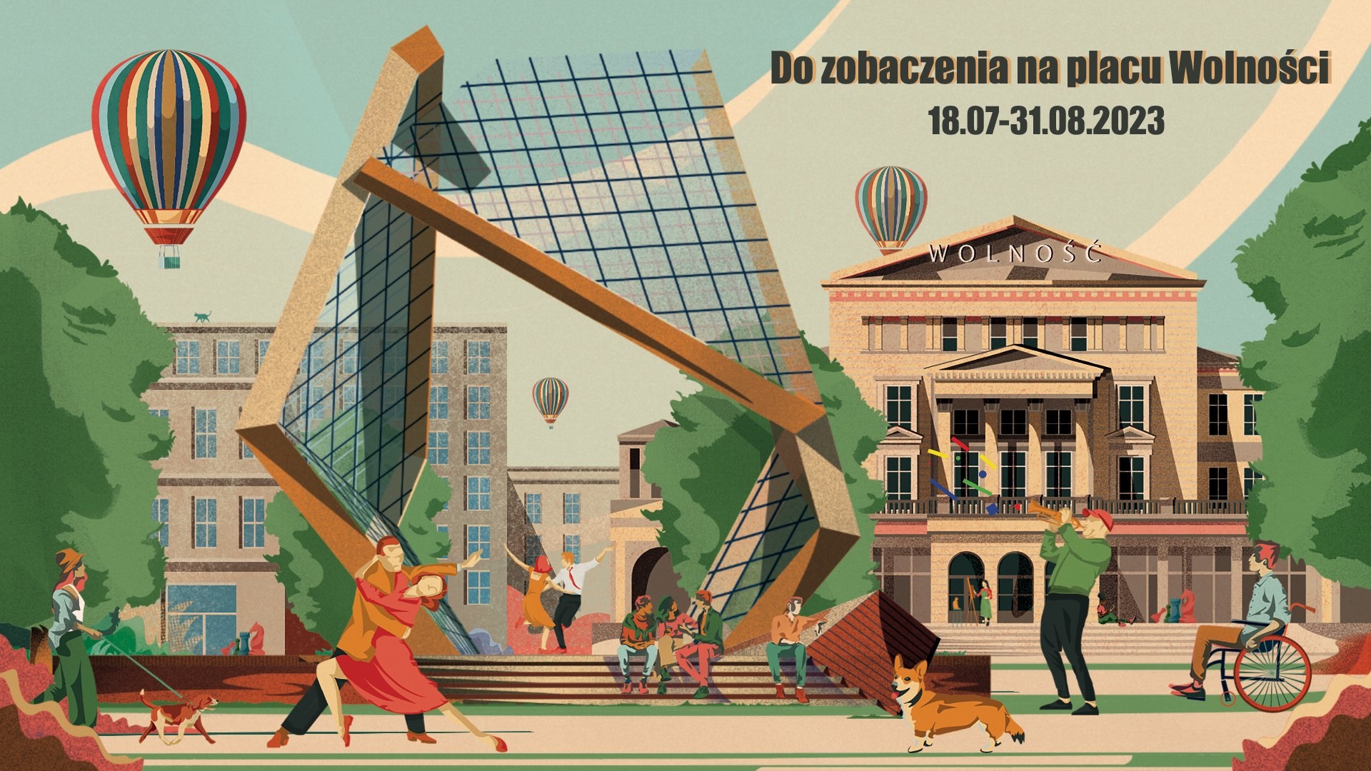 Plakat promujący program wakacyjnych aktywności na placu Wolności w Poznaniu z ludźmi spacerującymi, tańczącymi i grającymi na instrumentach. - grafika artykułu