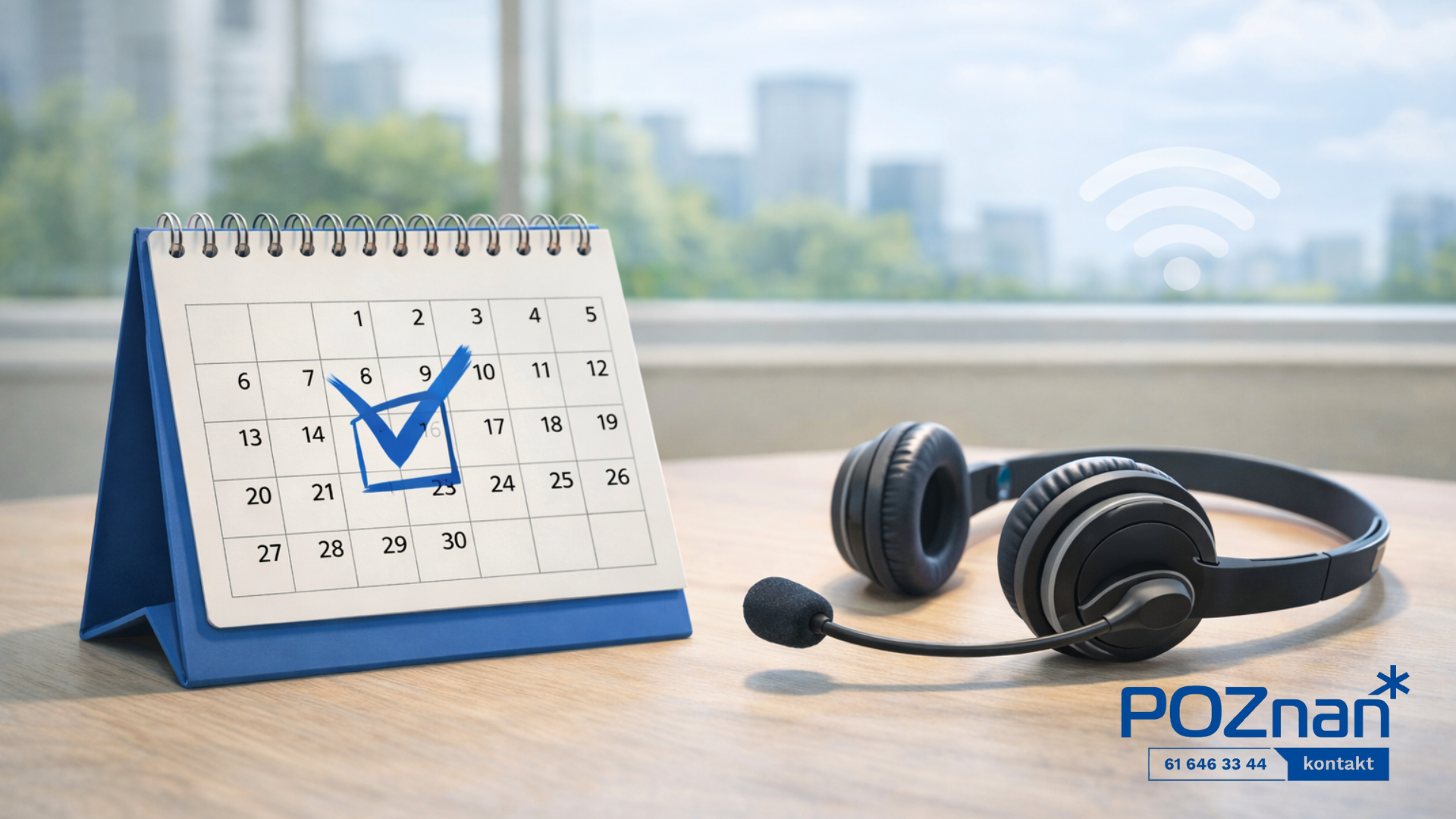 obrazek przedtawia kalendarz oraz słuchawki nagłowne z mikrofonem stojące na biurku, w tle widać okno z zielenią