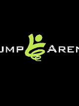 Biały napis jump arena na czarnym tle, po środku zielone logo firmy.