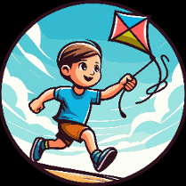 Grafika chłopca biegnącego z latawcem w ręce.