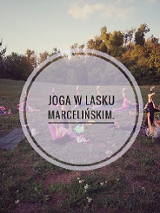 Zdjęcie przedstawiające ludzi ćwiczących jogę w lesie, na środku napis.