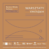 Plakat wydarzenia: na brązowym tle białe napisy z nazwą projektu, granatowe linie i półkola.