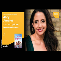 Na zdjęciu Abby Jimenez. Po lewej pomarańczowa ramka z informacjami o wydarzeniu.