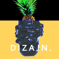 Grafika będąca plakatem wystawy składa się z dwóch części. Dolna przedstawia fragment fantazyjnego czarnego wazonu na żółtym tle. U jego podstawy znajduje się napis "DIZAJN.". W górnej część grafiki widzimy fragment ananasa z liśćmi na czarnym tle.