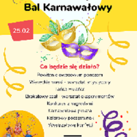 na żółtym tle wypisane są atrakcje wydarzenia; do góry widoczne maski karnawałowe
