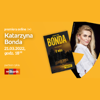 Plakat wydarzenia ze zdjęciem pisarki po prawej i okładką nowej płyty. Po lewej białe napisy informujące o wydarzeniu, pomarańczowe tło.