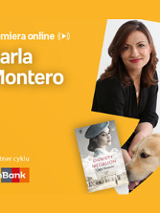 Plakat ze zdjęciem pisarki i okładką książki w prawej części. W części lewej u góry białe napisy na pomarańczowym tle.