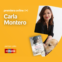 Plakat ze zdjęciem pisarki i okładką książki w prawej części. W części lewej u góry białe napisy na pomarańczowym tle.